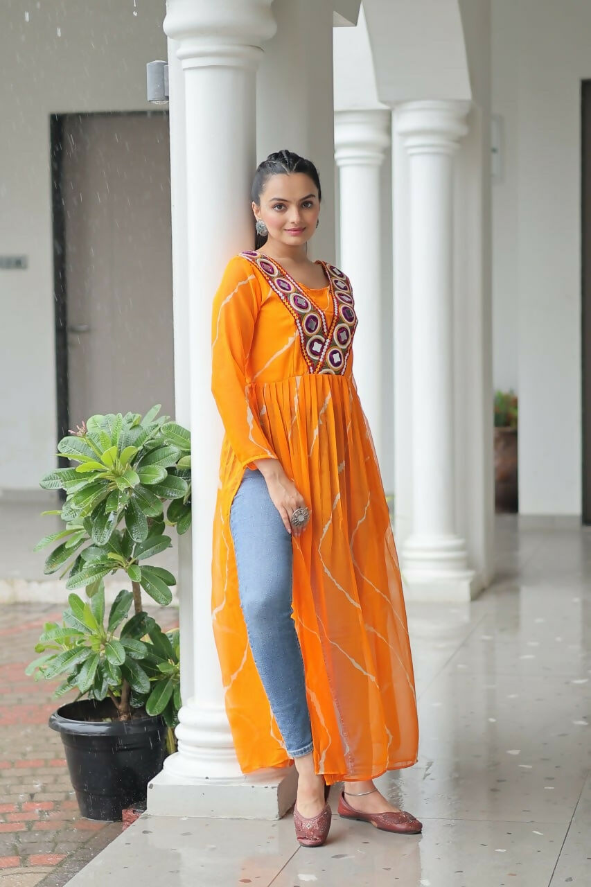 Vastranavya Orange Navratri Special Kutchi Patch Work with Leheriya Printed Kurti