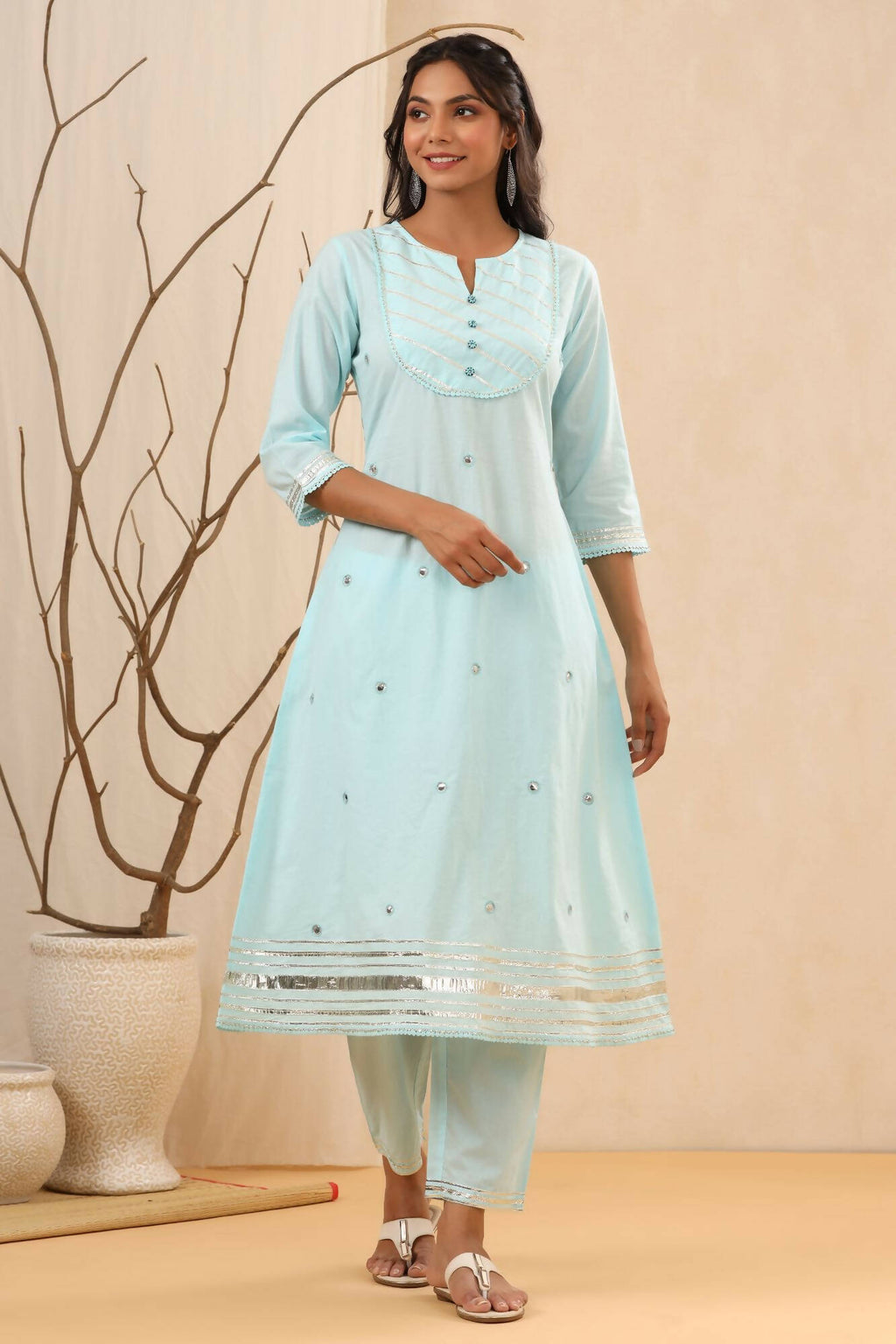 Juniper Women Skyblue Cambric Gotta Work Straight Kurta Sets