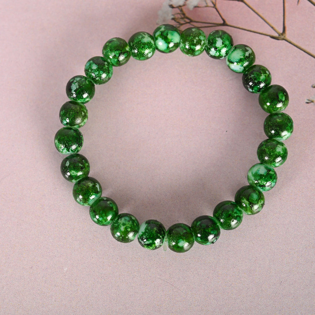 NVR Men & Women Green Marble Crystal Beaded Elasticated Bracelet
