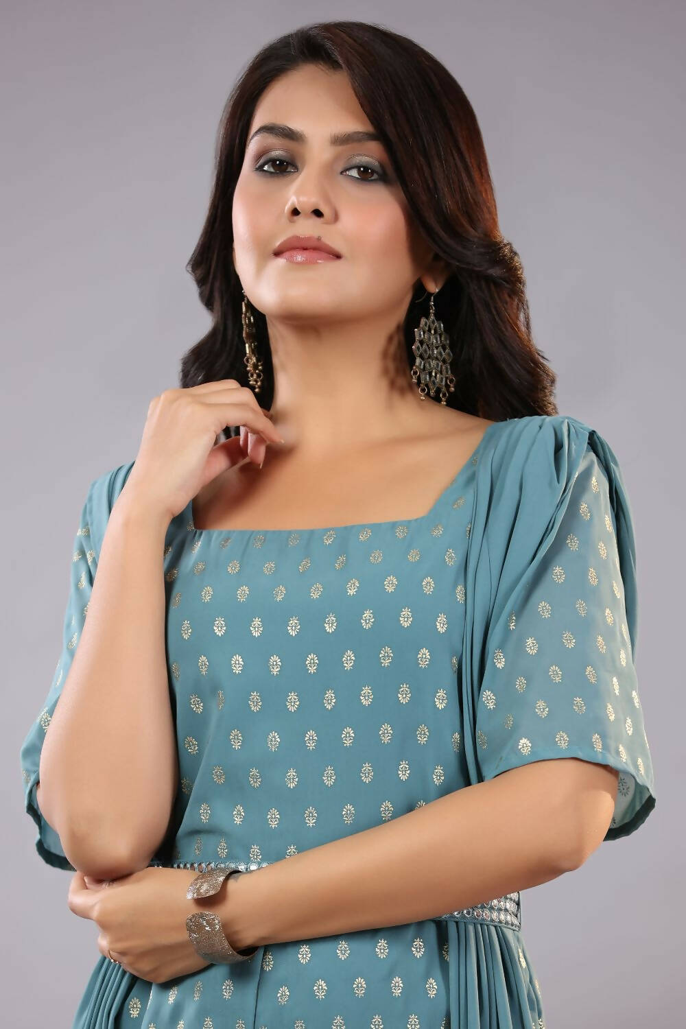 Juniper Women Teal Georgette Foil Printed Draped Jumpsuit