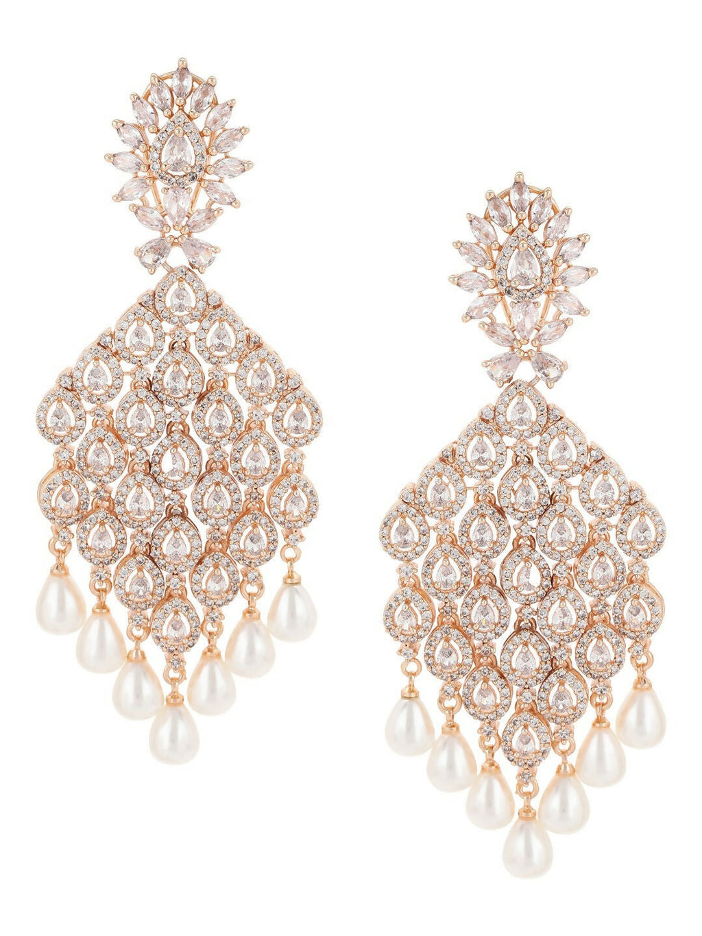 Rose Gold Long Earrings with Pearl Drops- Ruby Raang