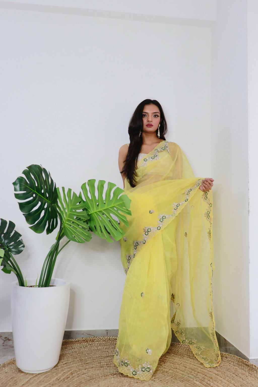 Vamsee Meera Yellow Organza Saree