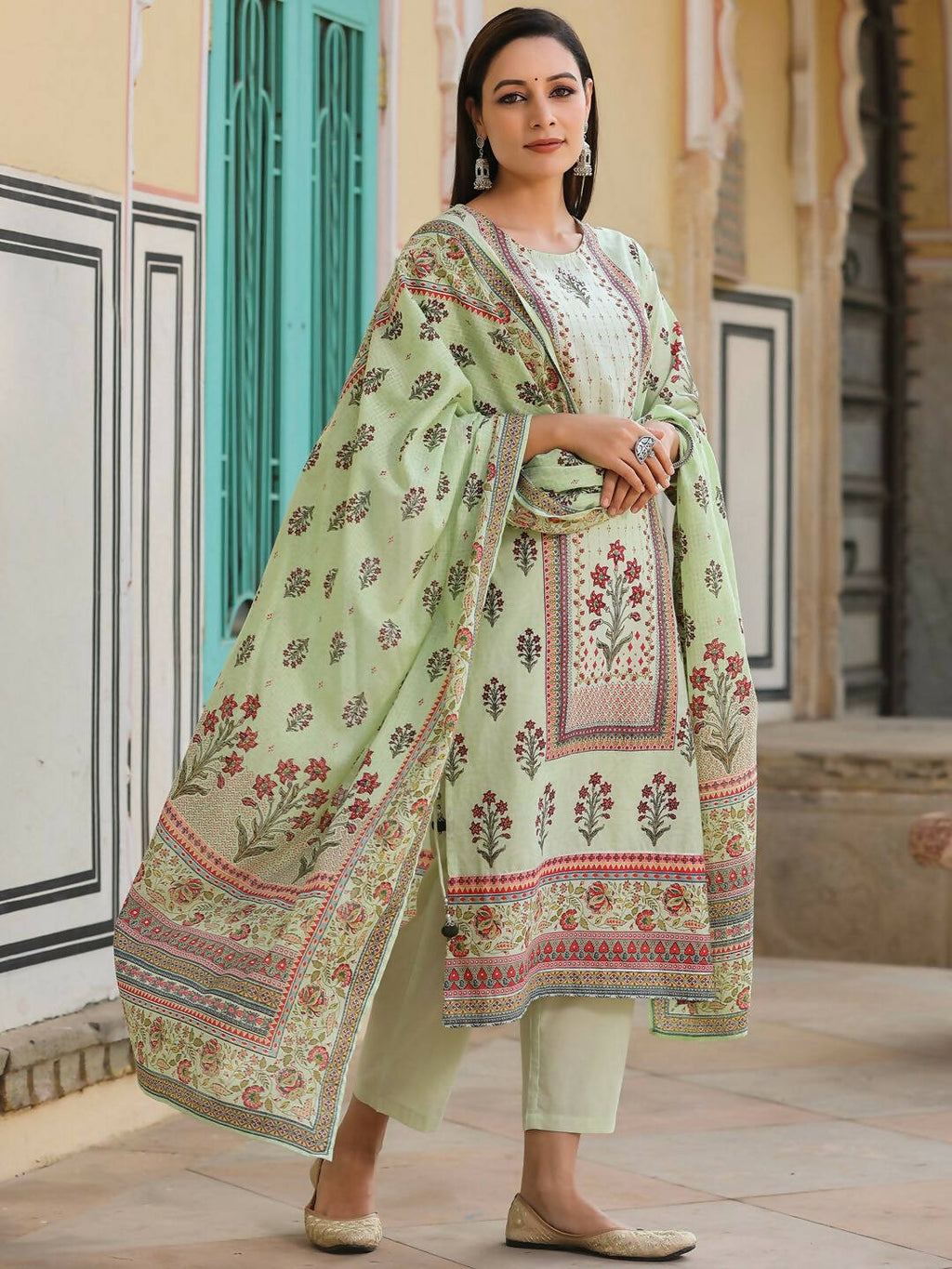 Juniper Women's Lime Green Cambric Floral Placement Printed Straight Fit Kurta Sets