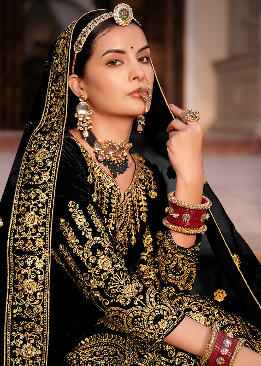 Black Velvet Front & Back Embroidery Wedding Anarkali Suit - Emponline