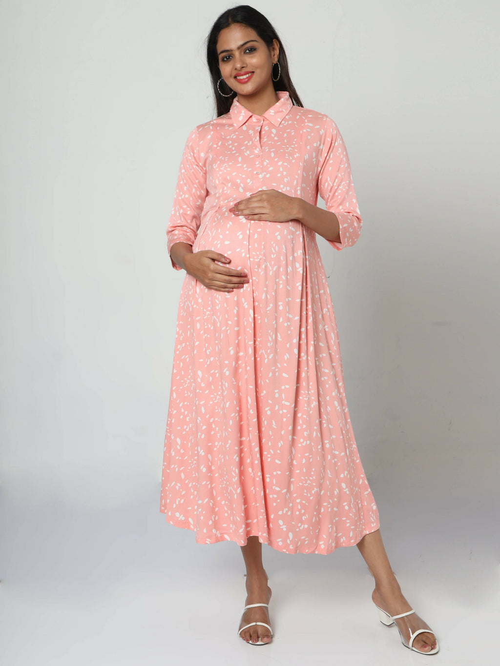 Manet Three Fourth Maternity Dress White Dot Print With Concealed Zipper Nursing Access - Pink