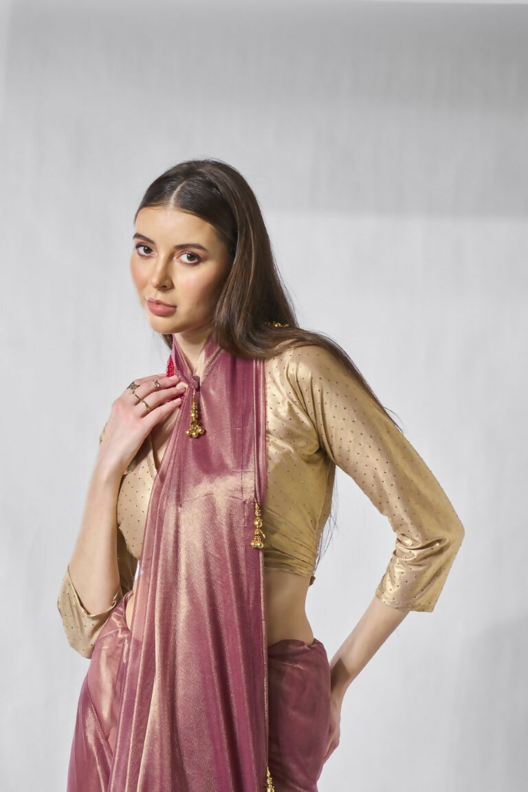 Onion Gold Tissue Net Solid & Gold Cotted Saree - Samaa
