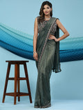 Green Lycra Shimmer Pattern Ready to Wear Saree with stitched Blouse - Nirvana