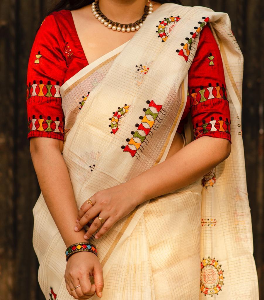 Cream Cotton Blend Warli Saree with Unstitched Blouse - Hiral Fashion
