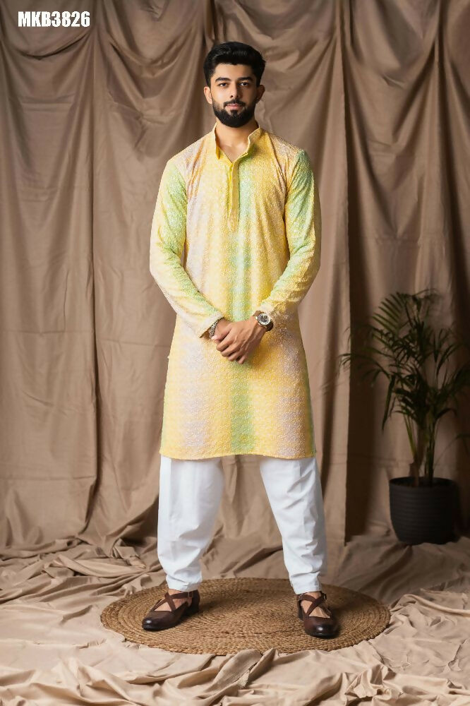 Yellow Rayon Thread Embroidery Work Kurta Set - Mahotsav