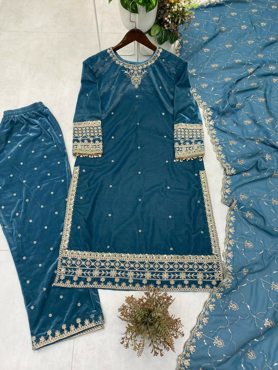 Vastranavya Sea Blue Velvet Sequence Embroidery Work Kurta & Bottom With Dupatta