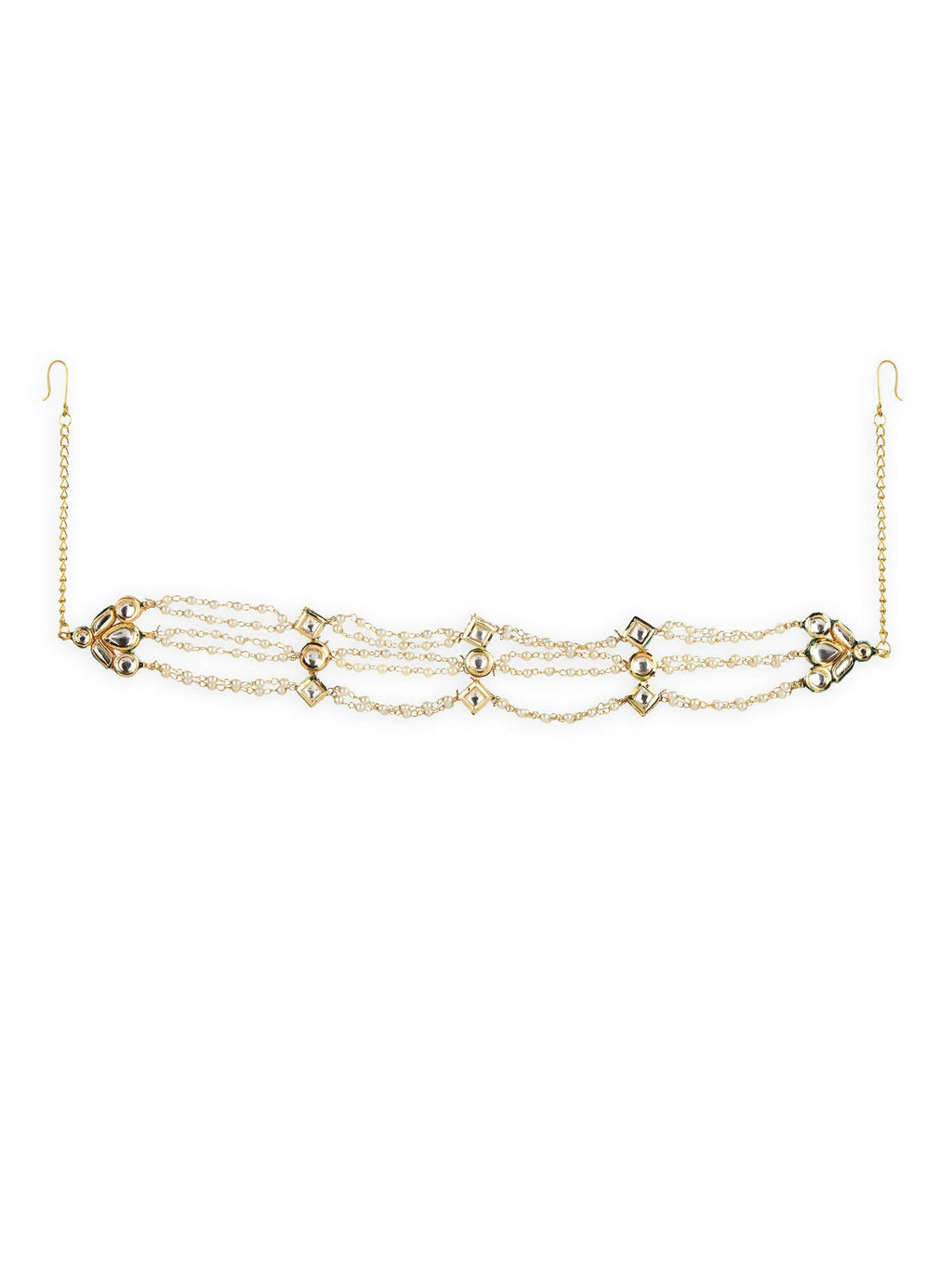 Gold-Polished White Kundan-Studded Pearl Head Chains - Ruby Raang