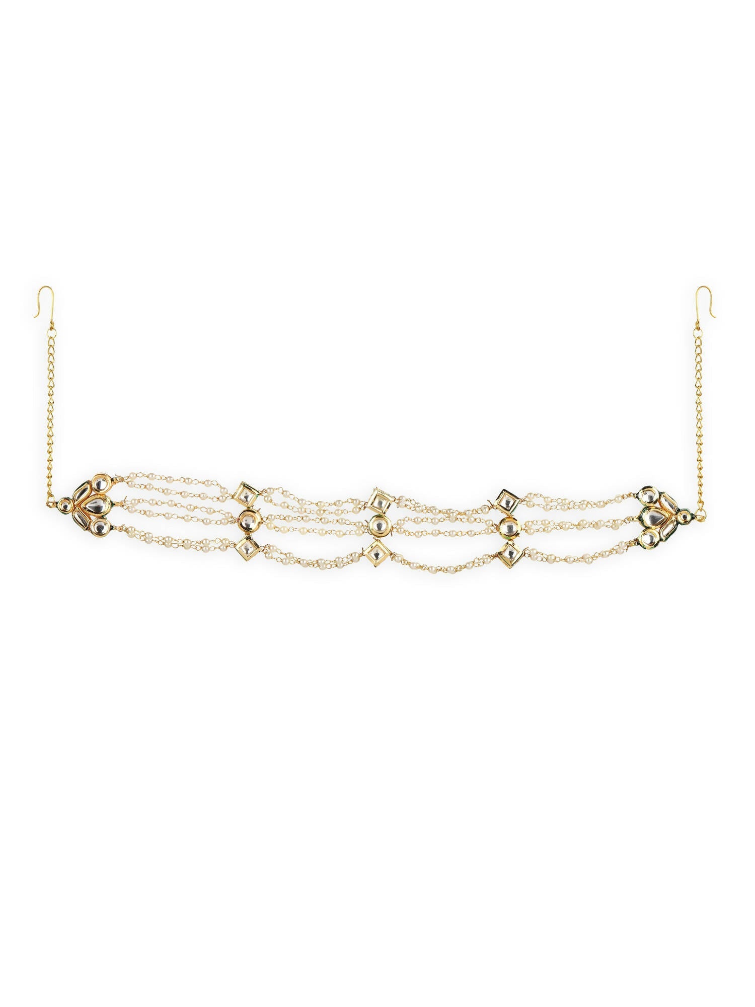 Gold-Polished White Kundan-Studded Pearl Head Chains - Ruby Raang