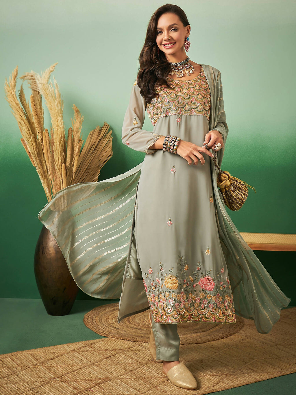 Light Green Georgette Handwork Unstitched Dress Material - Hanika