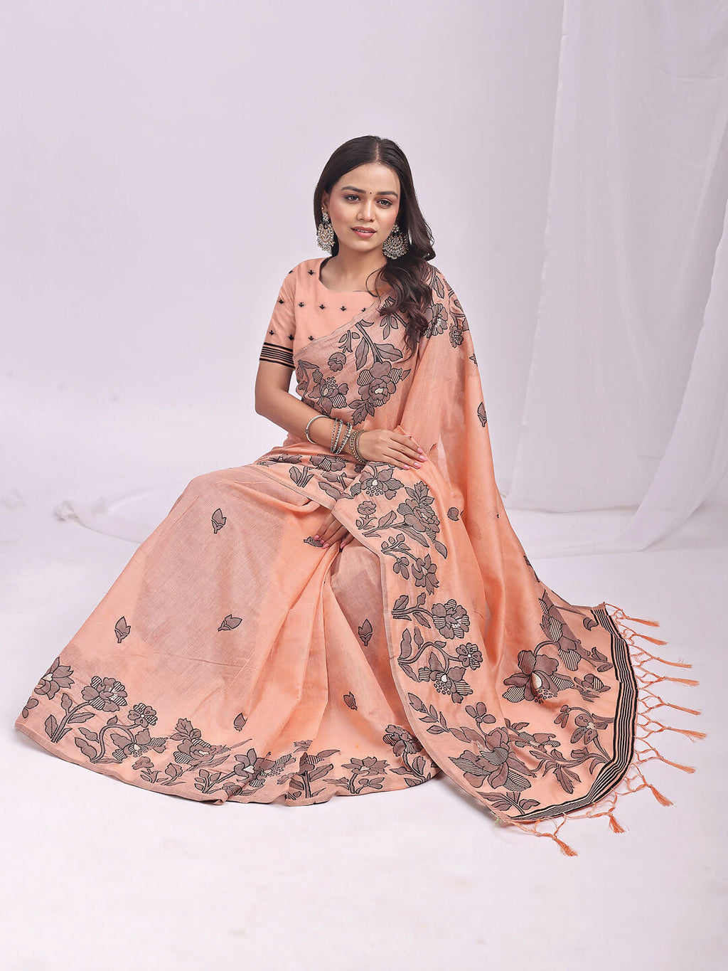 Shree Shyam Fashion Kashira Orange Linen Cotton Saree