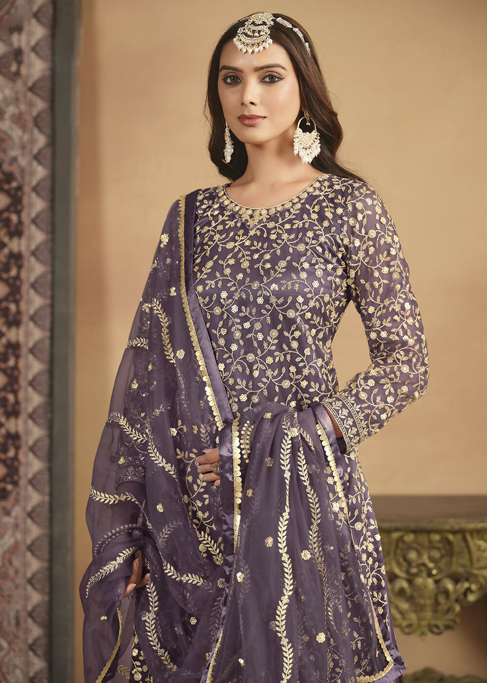 Net Dusty Purple Embroidered Festive Gharara Style Suit - Emponline