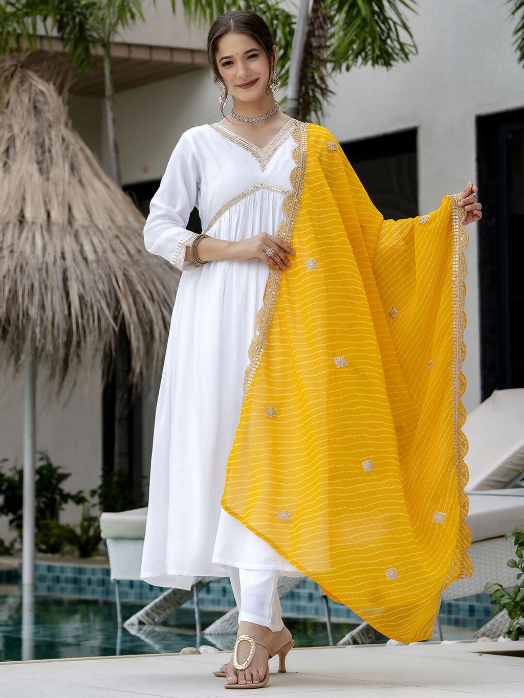 The52 White Women's Gorgeous Embroidered Chanderi Fabric Straight Kurta, Pant and Dupatta Set