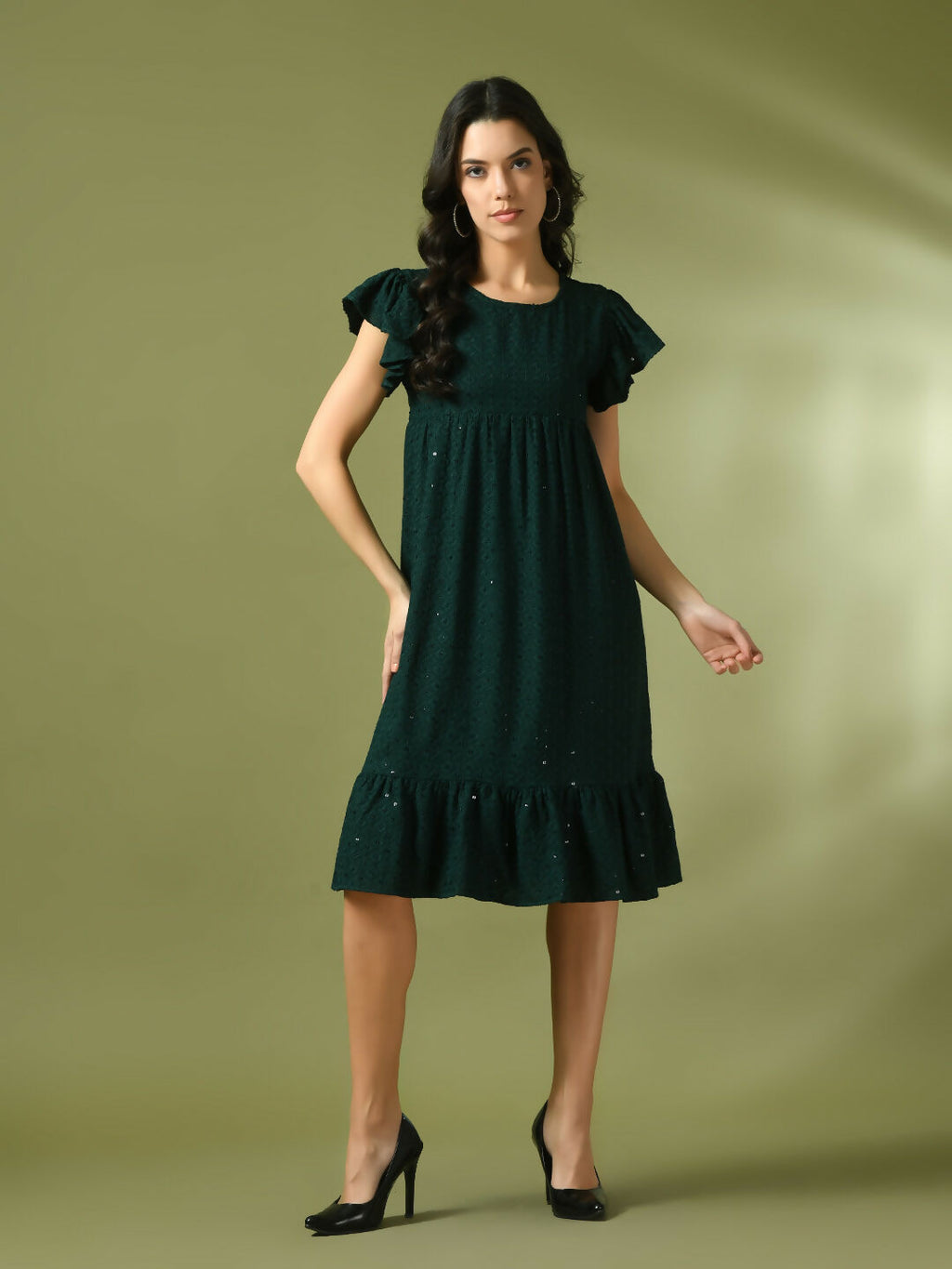 Myshka Women's Green Embroidered Cotton Round Neck A-Line Party Dress