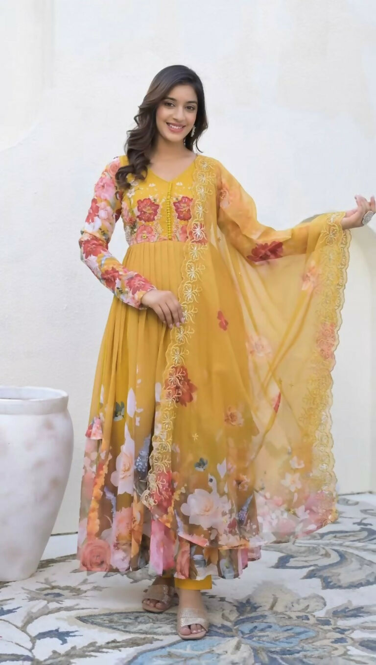 Teeya Creation Yellow Color Faux Georgette Printed Party Wear Gown