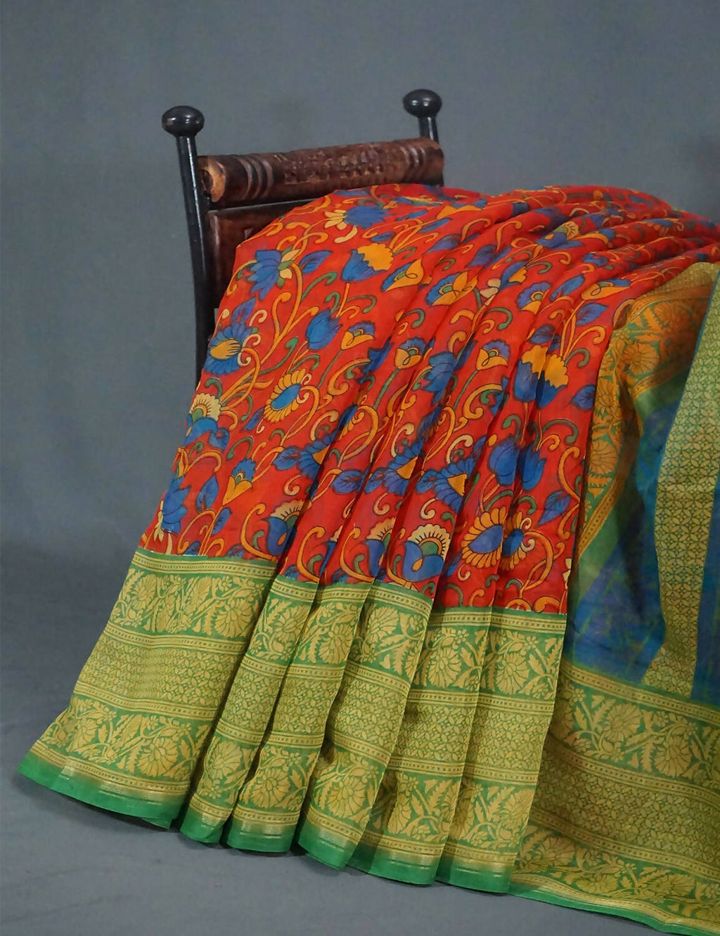Multi Shades Of Red And Green Kalamkaari Design Semi Chanderi Saree By Gayathri Reddy Designer Studio