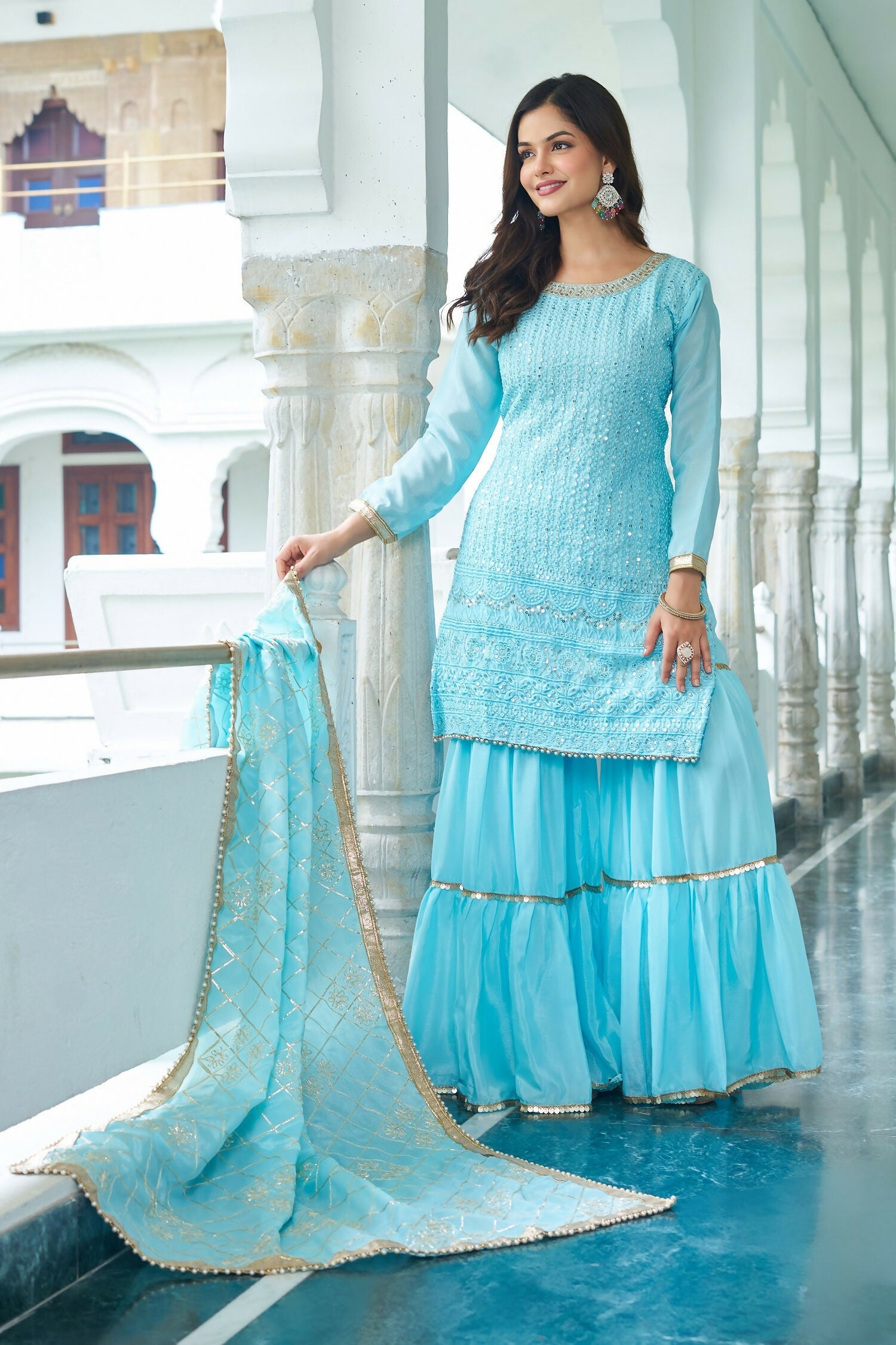 Teeya Creation Sky Color Chinon Silk Heavy Embroidery Work Fully Stitched Salwar Suit