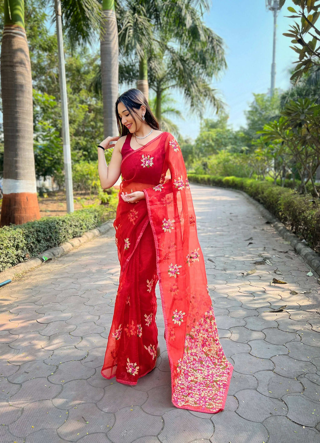 Vamsee Red-Garden Red Organza Saree