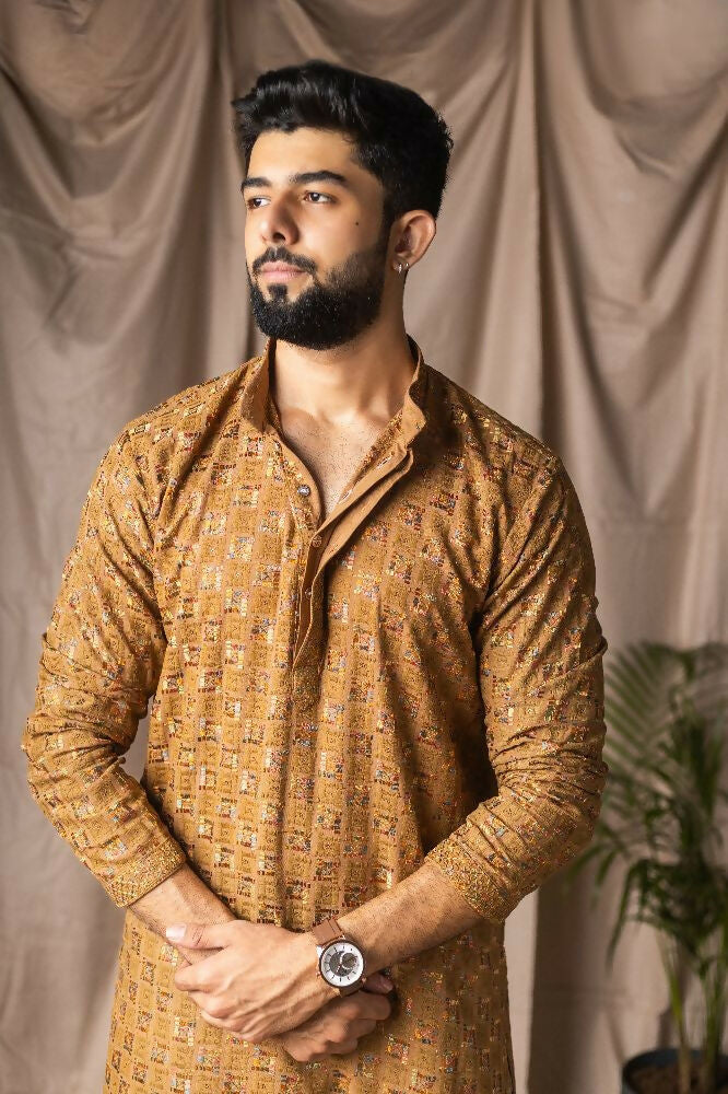 Occur Yellow Rayon Thread Embroidery Work Kurta Set - Mahotsav