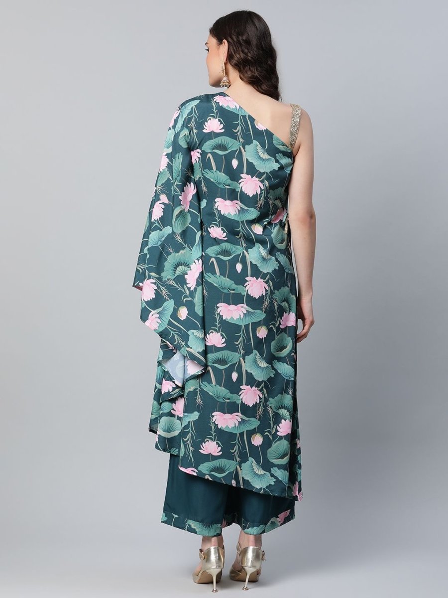 Ahalyaa Women Green Crepe Floral Printed Kurta with Palazzo Set