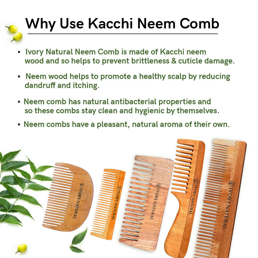 Ivory Natural Dual Tooth Kacchi Neem Comb Infused With Organic Oil For Gentle Detangling And Straightning Hair