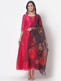 Myshka Women's Pink Silk Solid 3/4 Sleeve Round Neck Casual Anarkali Gown
