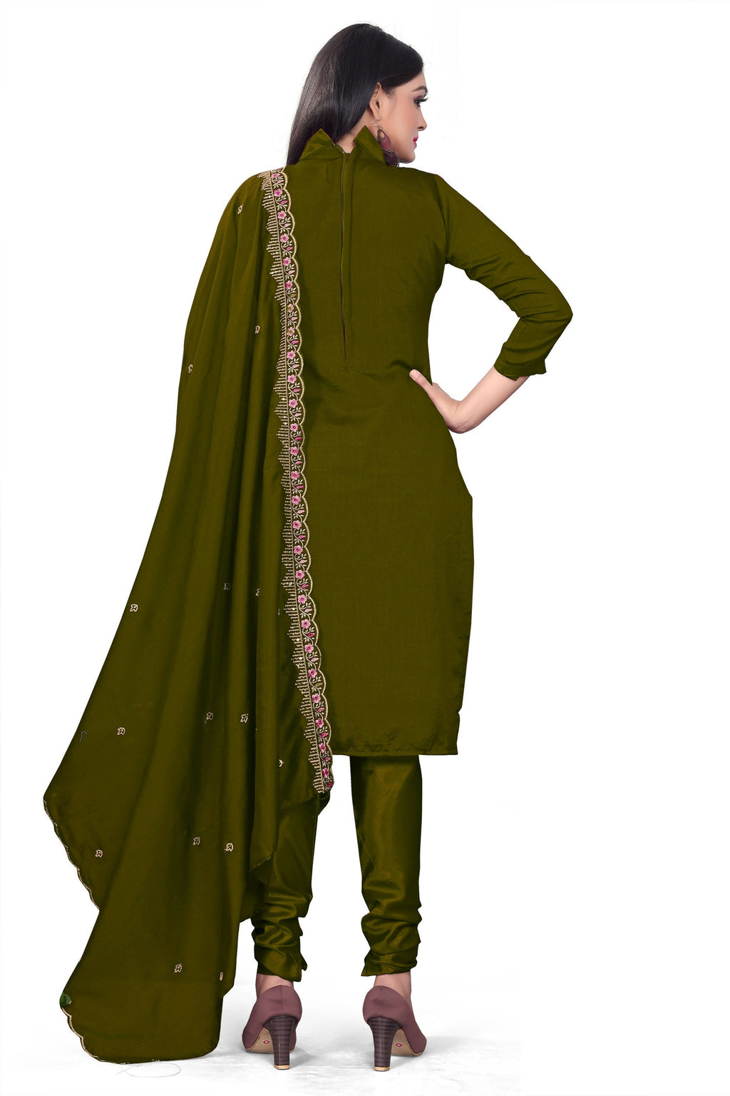 Green Silk Embroidered with Sequins work Unstitched Dress Material - Tanvi