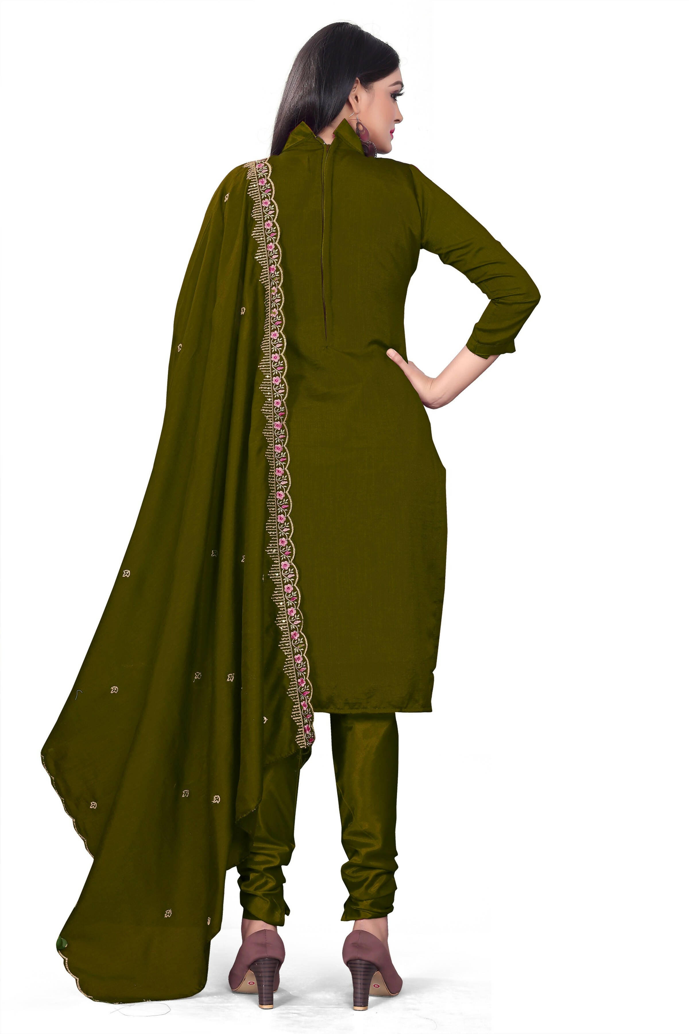 Green Silk Embroidered with Sequins work Unstitched Dress Material - Tanvi