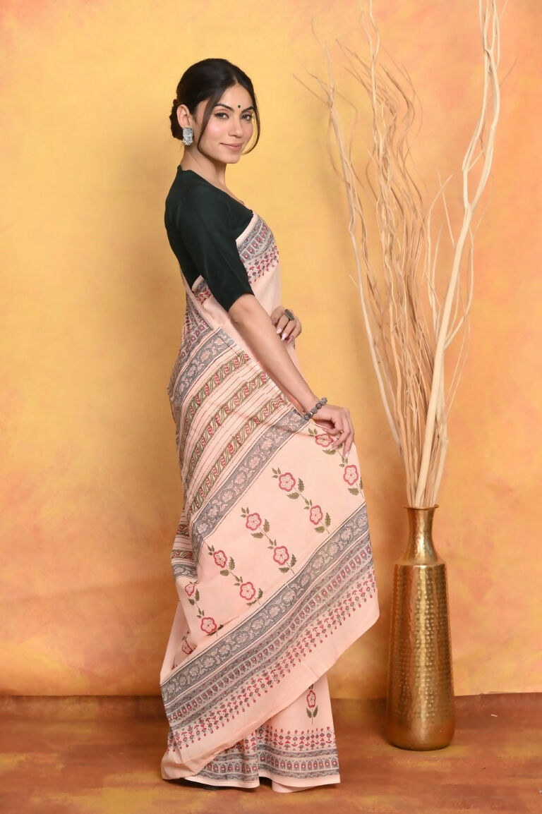 Very Much Indian Handblock Printed Cotton Saree With Natural Dyes - Peach