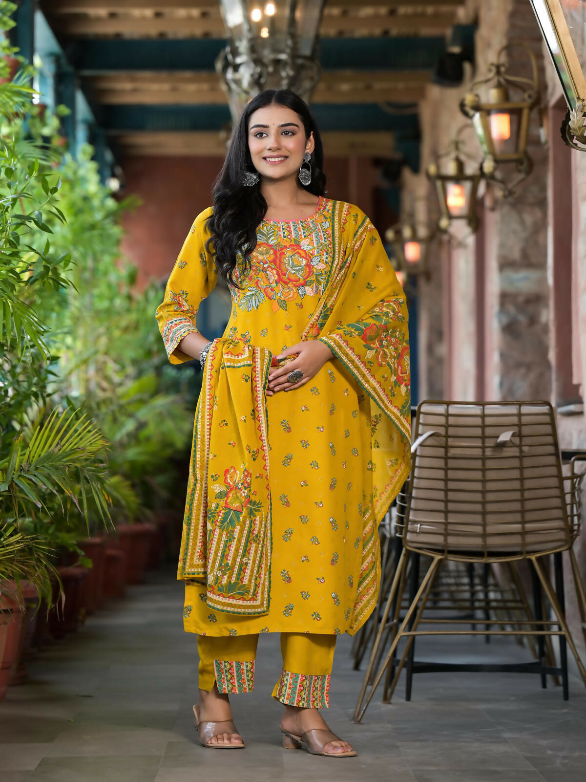 Juniper Women's Mustard Floral Printed Liva Rayon Kurta Pant And Dupatta Set With Sequins