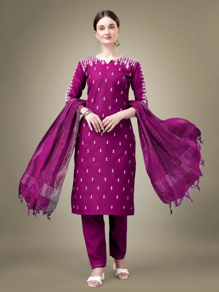Jyoti Fashion Women's Purple Cotton Blend Embroidery & Sequence work Kurta with Trouser & Dupatta