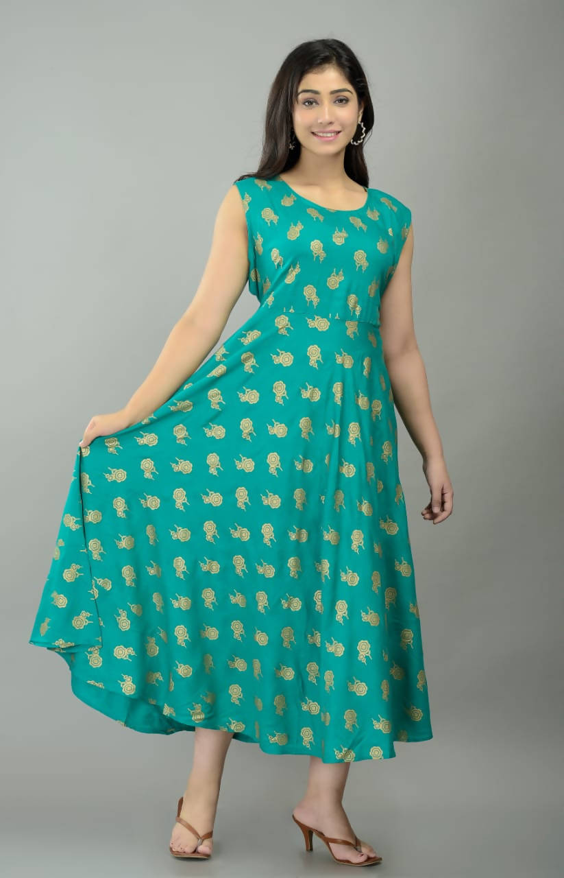 Vamika Sky Blue Rayon Gold Printed Party Wear/Casual Wear Kurti