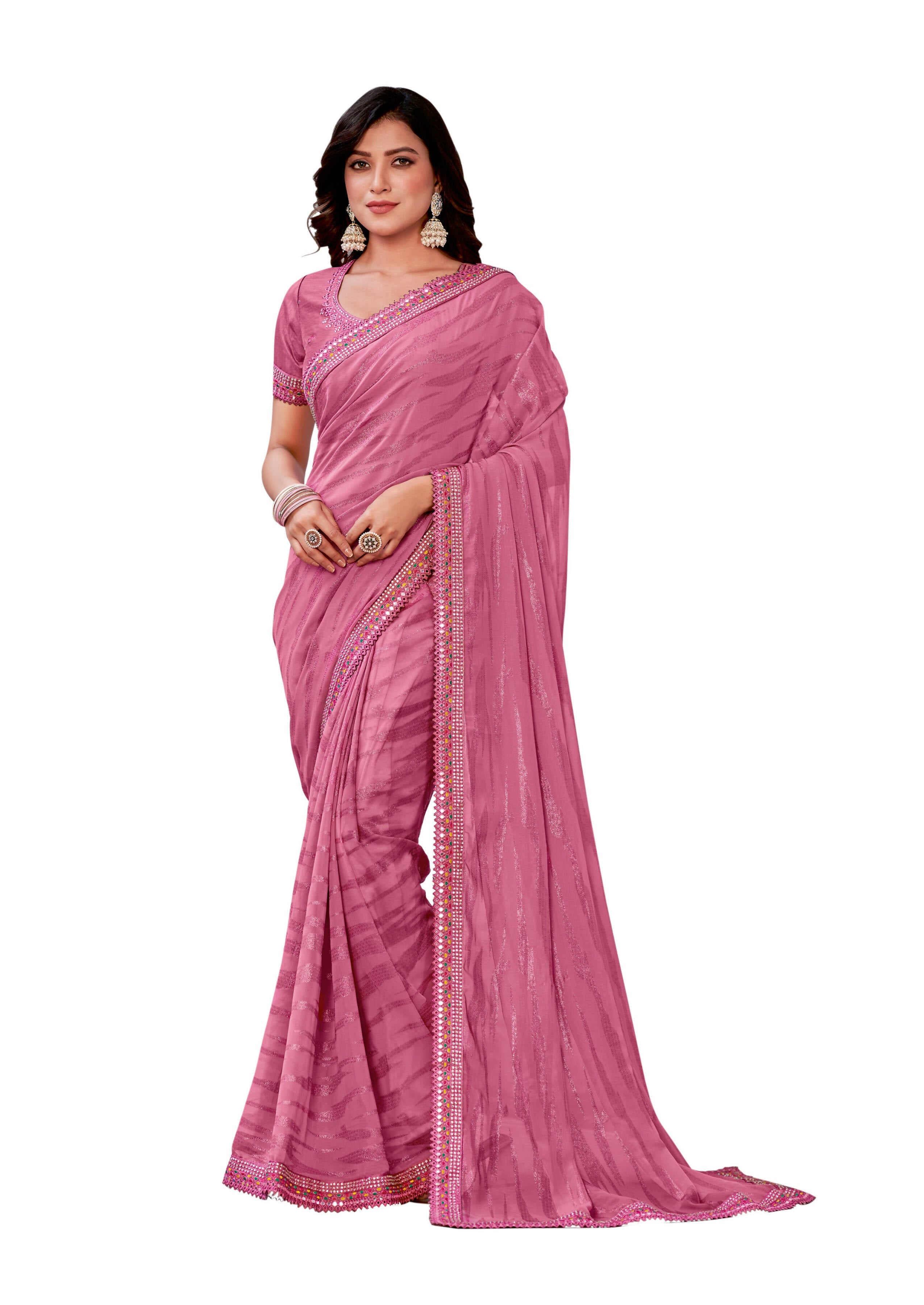 Pink Georgette Zari Jacquard Embroidered Border With Mirror Work Saree With Unstitched Blouse Piece - Norita Zaina