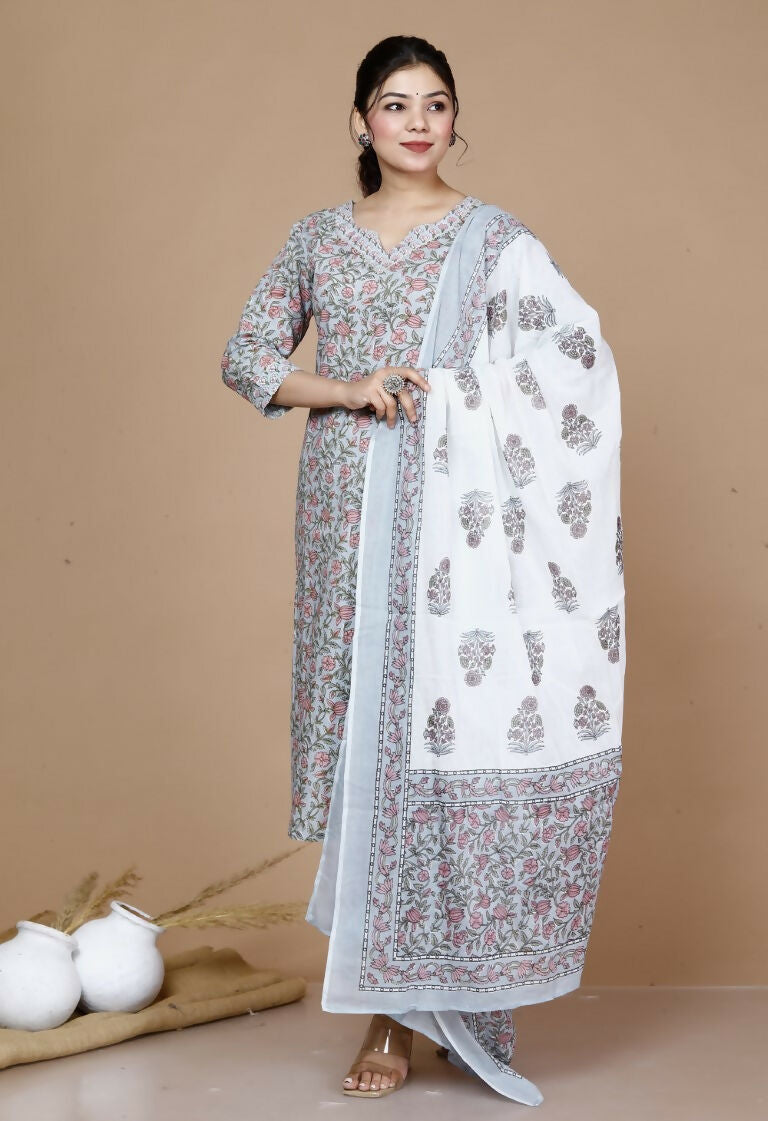 Miravan Women's Blue Gota Patti Cotton Kurta With Palazzo And Dupatta Set
