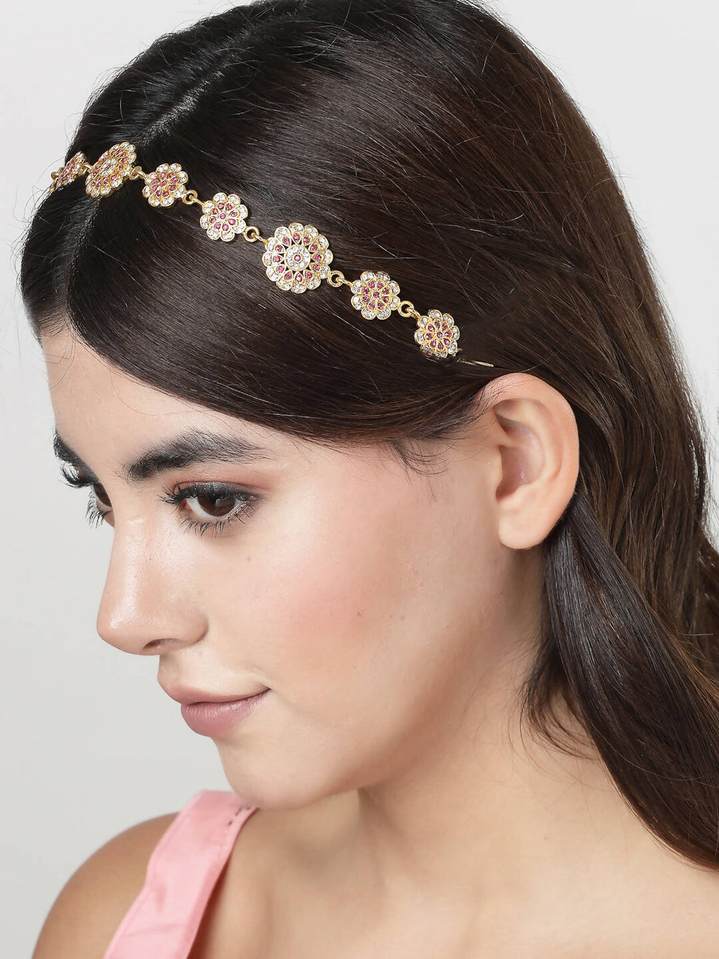 NVR Women's Gold-Polished Traditional Meenakari Stones Trending Matha Patti
