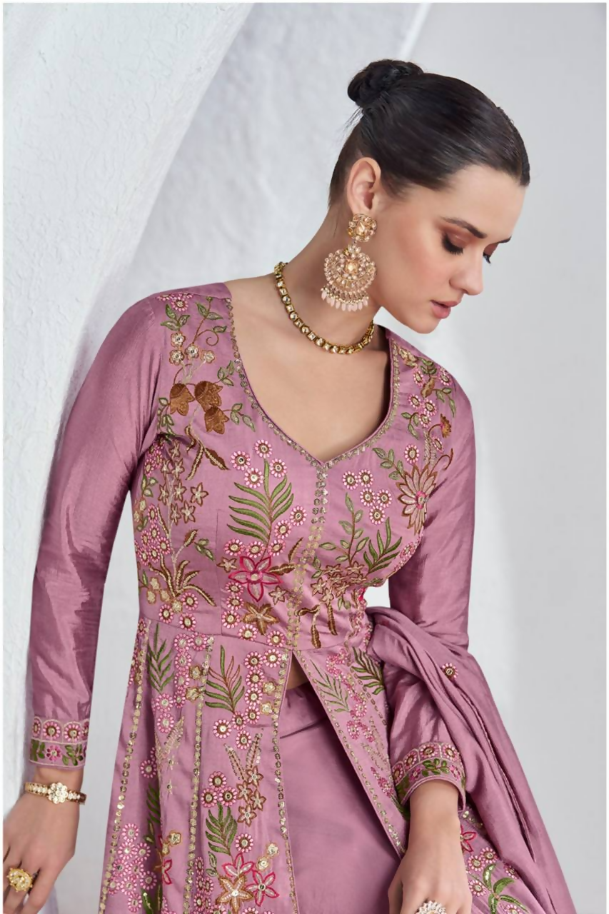 Lorenvalley Fashion Pink Viscose Silk Embroidery Work Gown Skirt Stitched
