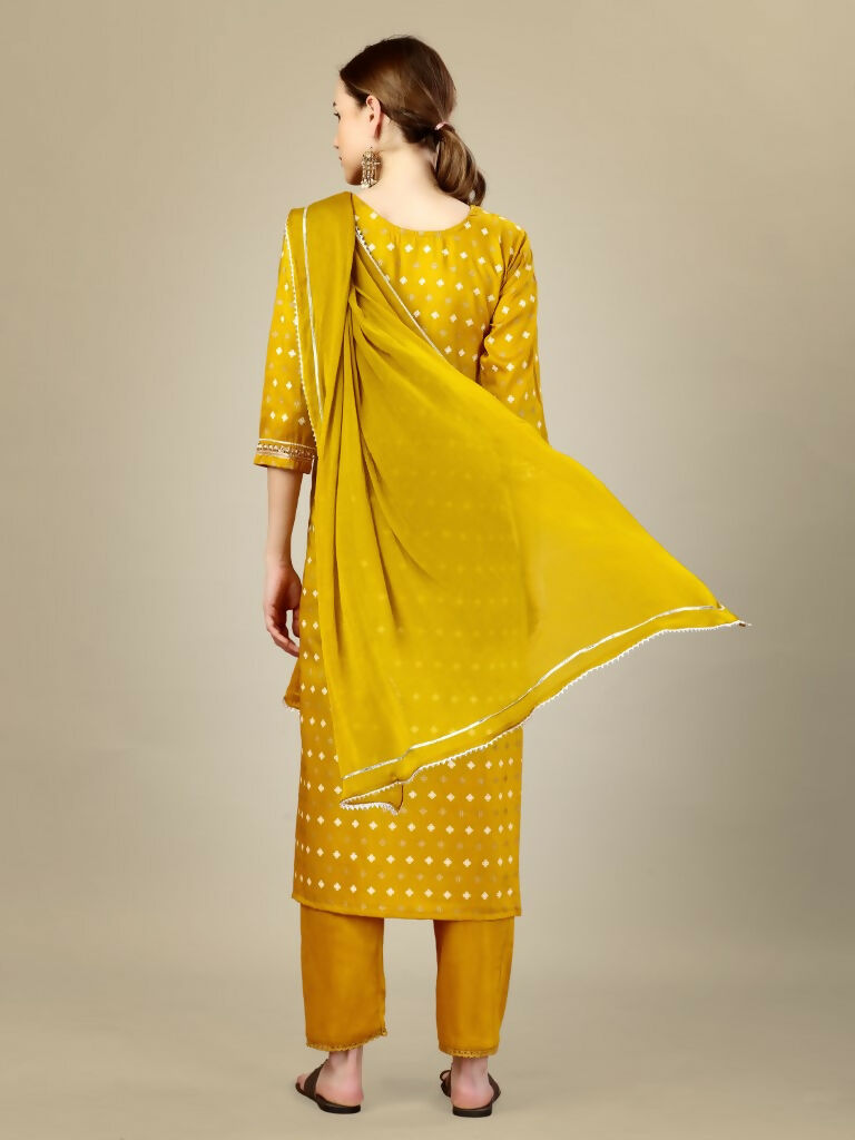 Jyoti Fashion Women's Golden Silk Blend Embroidery & Sequence work Kurta with Trouser & Dupatta
