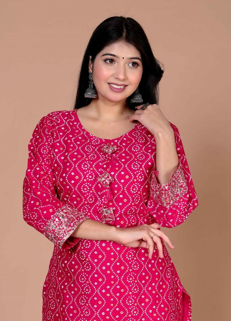 Miravan Women's Embroidered Pink Bandhani Pakistani Straight Kurti