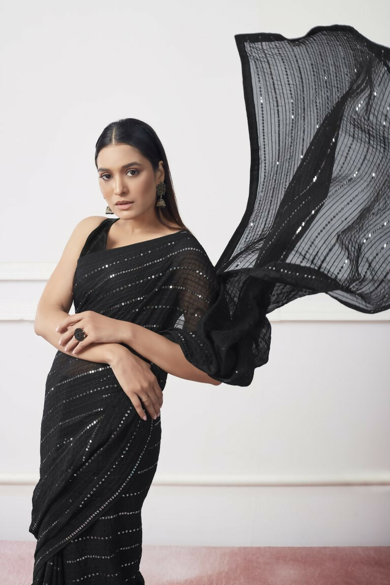 Black Georgette Sequance,Thread Embroidery Work Saree with Unstitched Blouse - Vandini