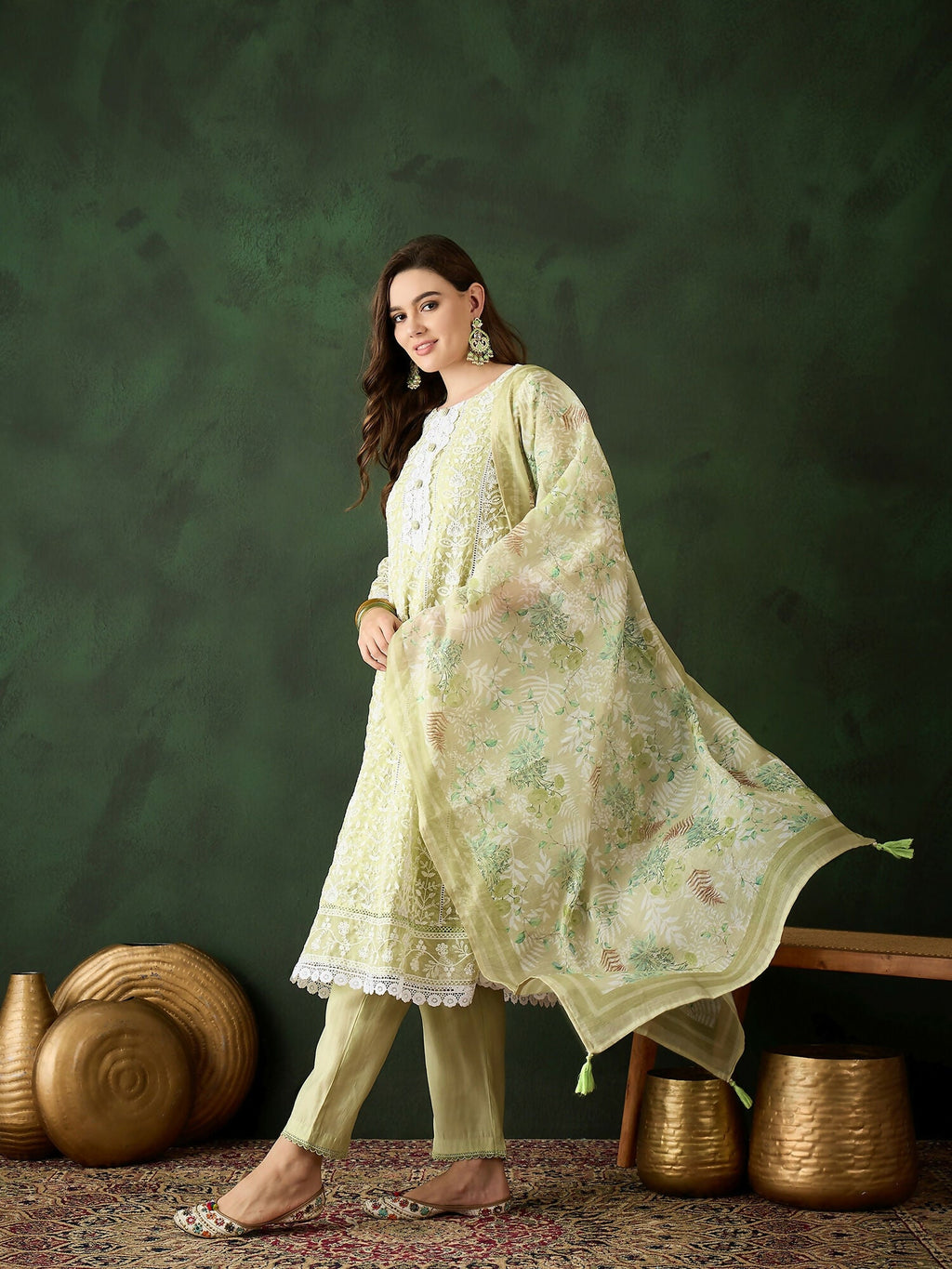 Green Crystal Organza schiffli embroidery Kurta With Trouser & Dupatta - Bhumi