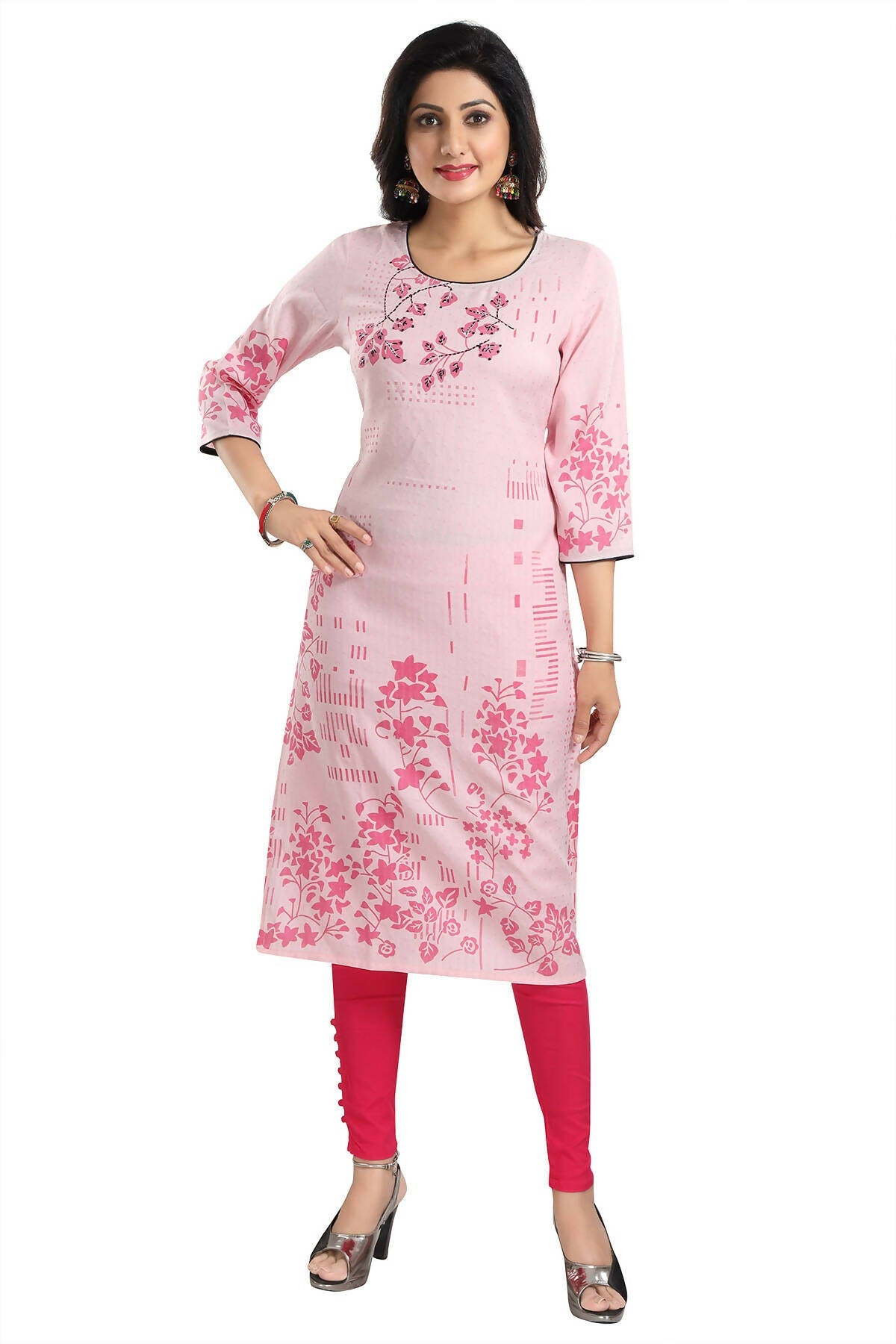 Snehal Creations Pretty Pink Rayon Textured Print Long Kurta For Women
