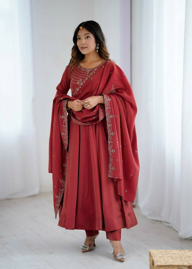 Teeya Creation Brown Color Pure Roman Silk Party Wear Designer Gown