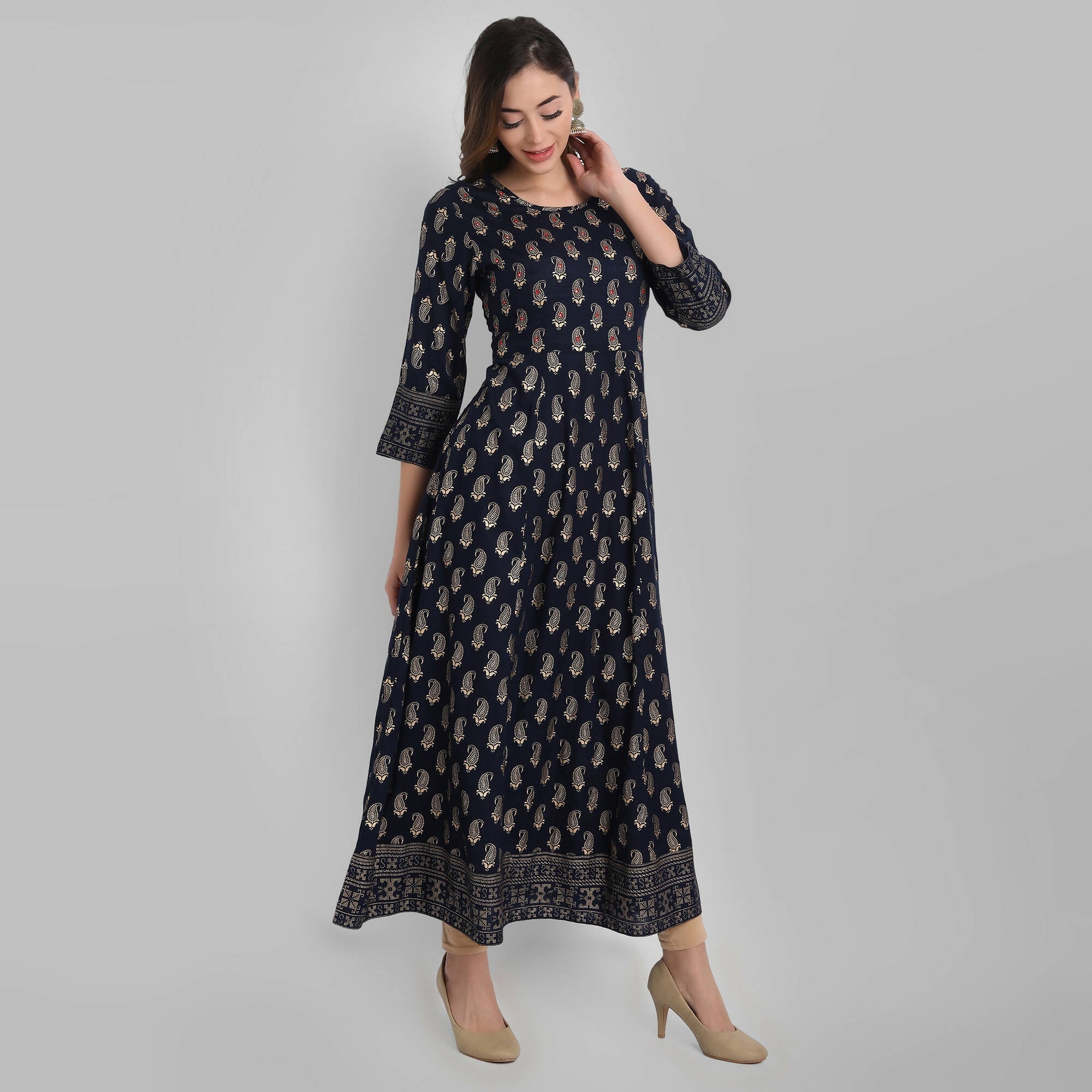 Juniper Women's Navy Rayon Printed Flared Dress