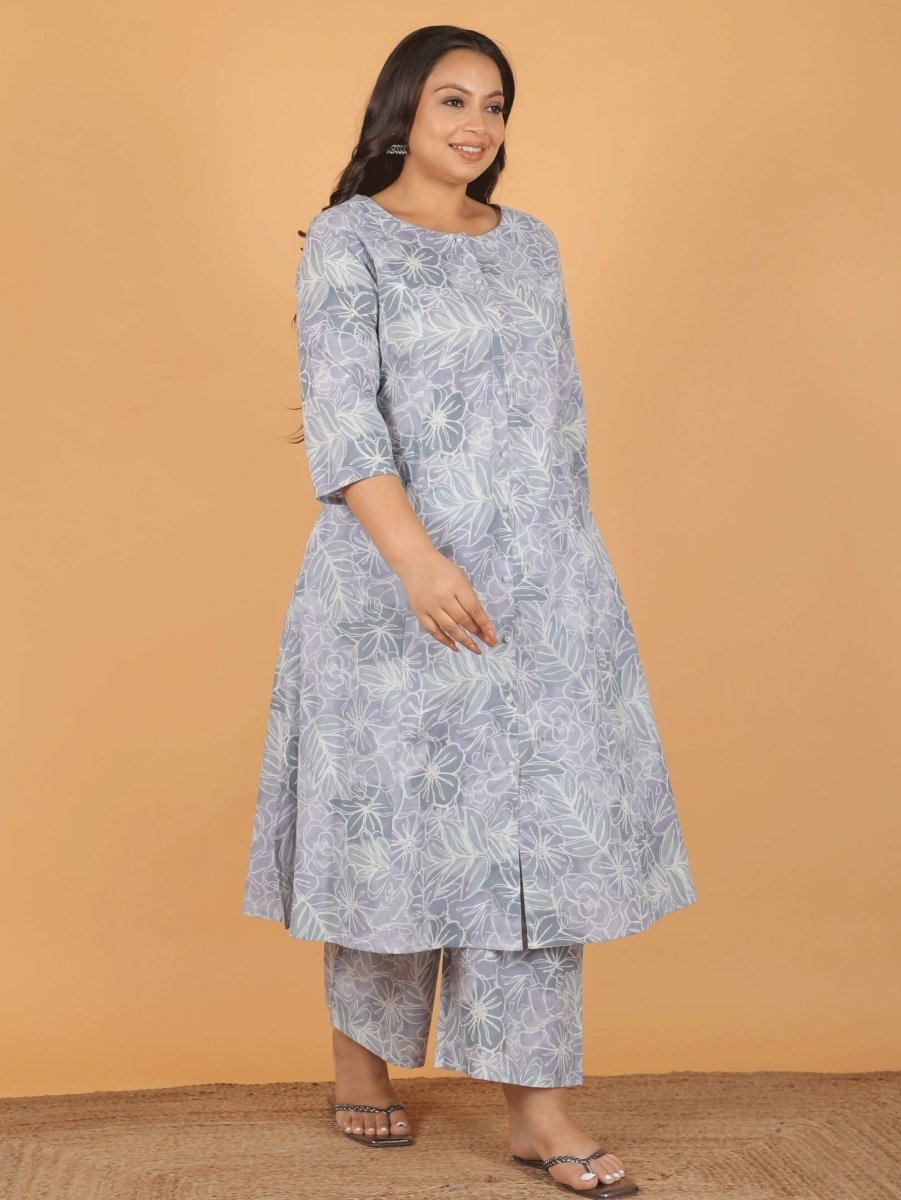Aramya Grey Soft Cotton Floral Print A-line Kurta Set for Women