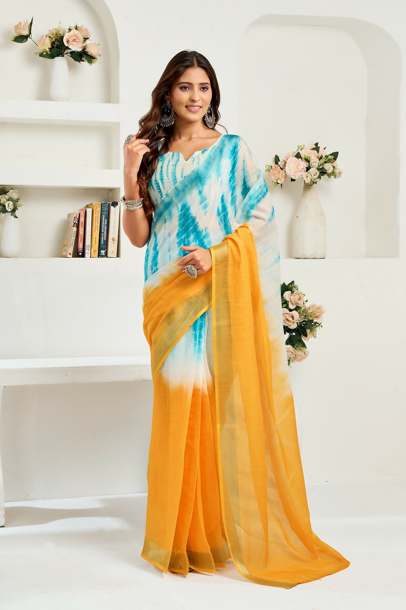 Vastranavya Multi Digital Printed Linen Ready To Wear Designer Saree with Unstitched Blouse