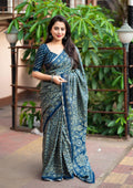 Blue Cotton Blend Ajrak Saree with Unstitched Blouse - A2M