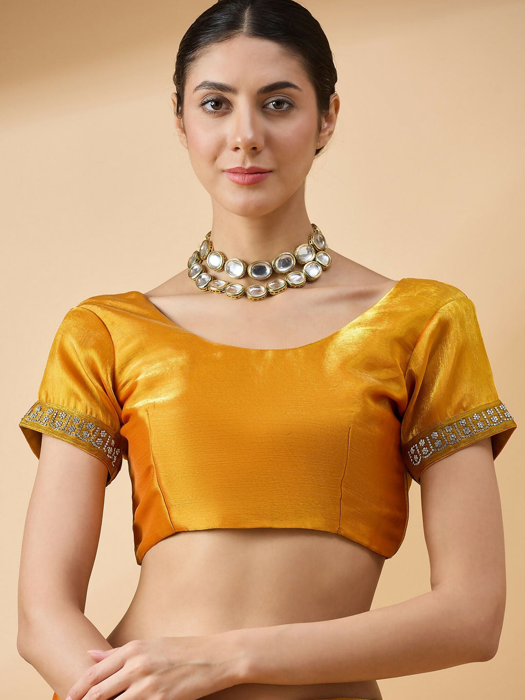 Mustard Organza Swaroski Diamond Work Saree with Unstitched Blouse - Radha